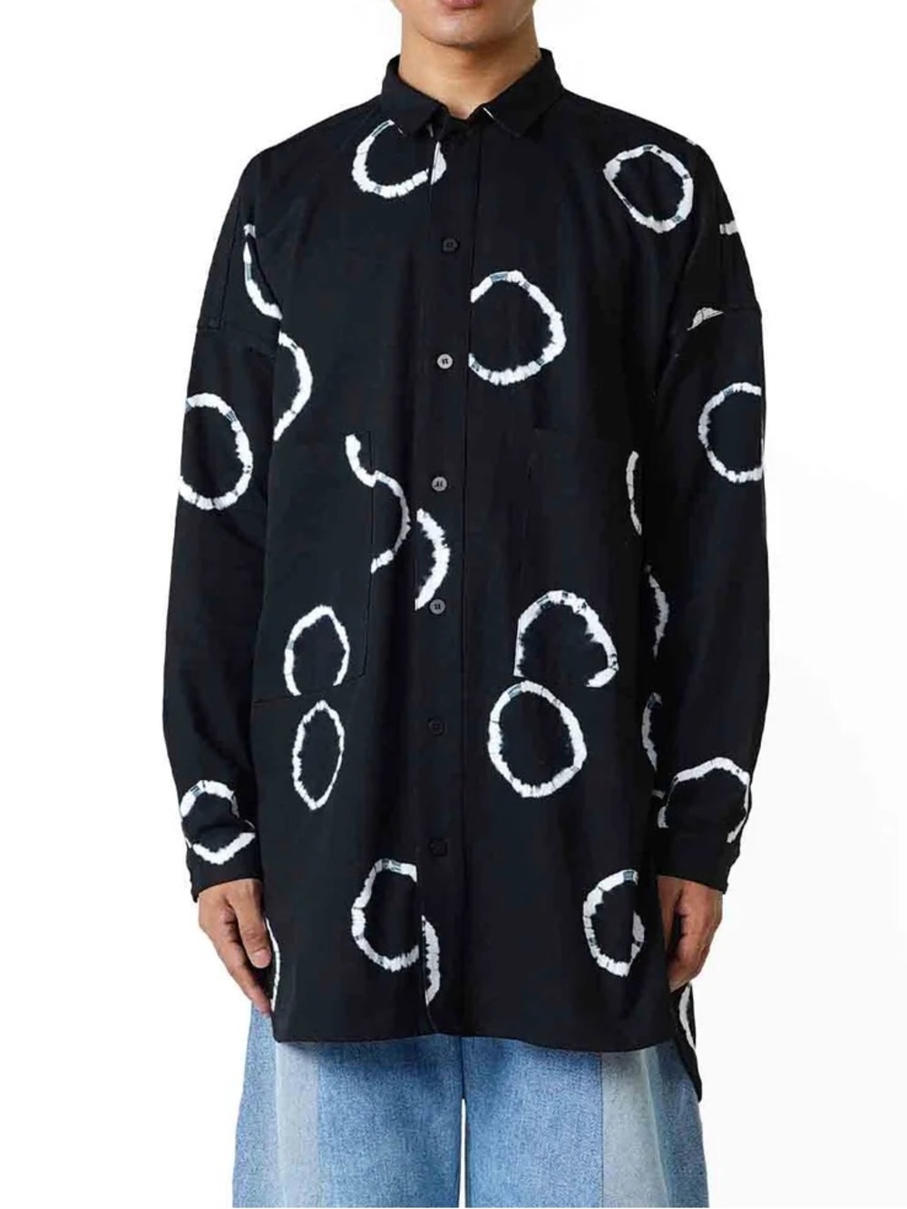 NBNW THE GENERAL SHIRT in Black with White Rings Tye Dye Sz L Button Overshirt